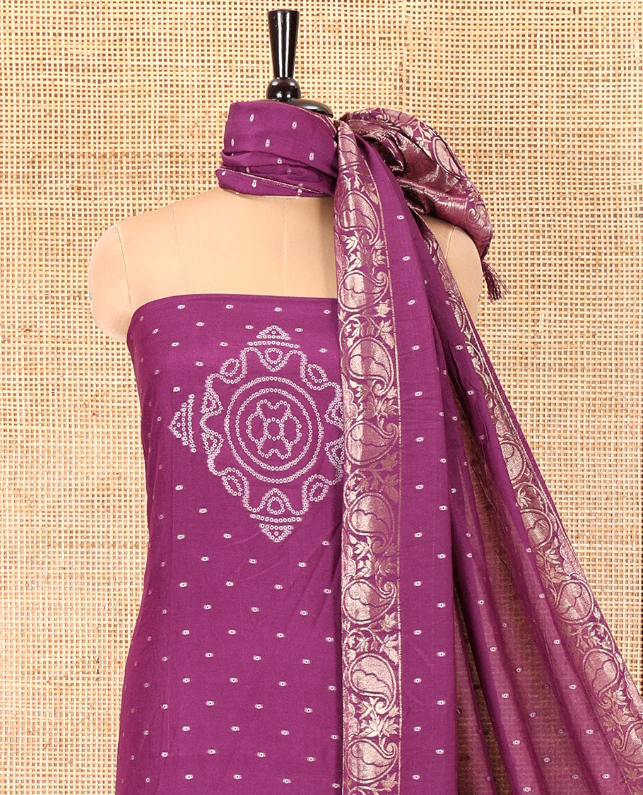Dark Purple Mul Chanderi Material Chudidar Set, Subtly Printed with Bandhani-Style Printed Top, a Plain Santoon Bottom, and Paired with a Matching Mul Chanderi Bandhani-Dotted and Zari-Woven Dupatta