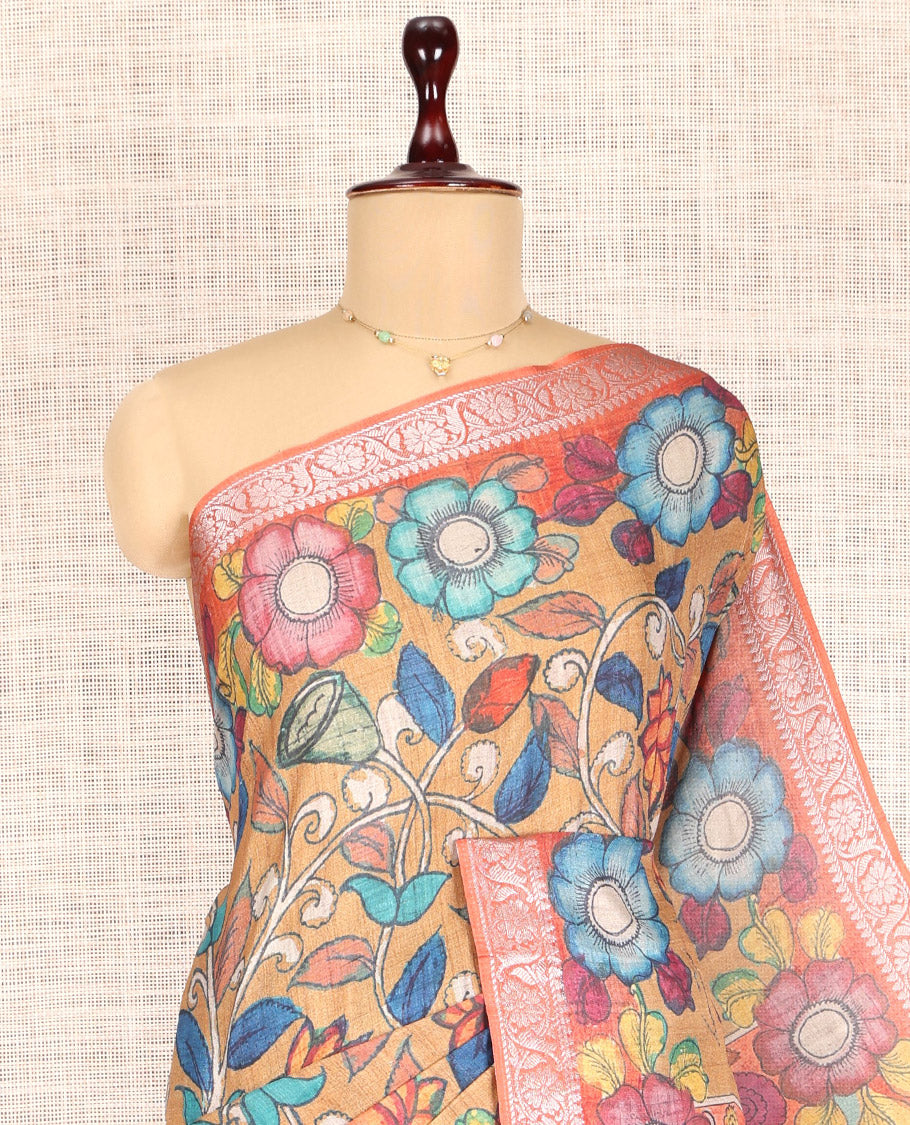Sandal Kalamkari Printed Fancy Tussar Saree