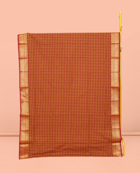 Orange-Red Chettinad Cotton Saree, Gleamed Up with Micro-Checks, Highlighted by Traditional Zari Border, Striped Pallu, and No Blouse