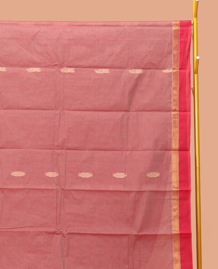 Peach Kanchi Cotton Saree, Elevated with Thread Buttas on Its Body, Complemented by a Contrast Border, Floral-Design Pallu, and a Matching Blouse