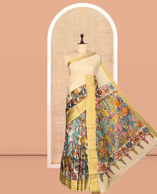 Cream Kalamkari Silk Saree, Beautifully Bedecked with Ancient Human Figurines, a Contrast Traditional Border, Pallu of Ancient Human Motifs, and a Contrast Blouse