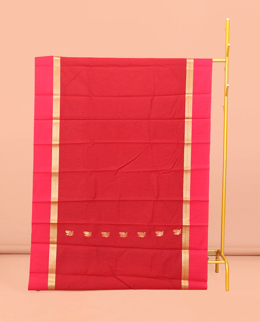 Red Semi-Silk Cotton Saree, Graced with Peacock Buttas All Over Its Body, Complemented by a Contrast Border  of Peacock Designs, Pallu Steeped with Peacock Zari Design, and Paired with a Contrast Blouse