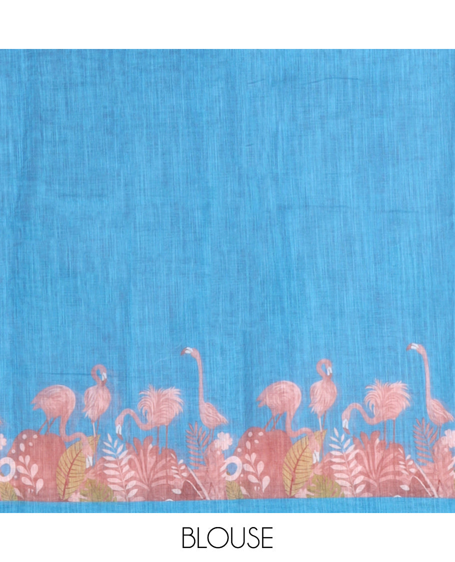 Peach Linen Cotton Saree, Elevated with Floral Crane Motifs Print, a Contrast Border, and a Contrast Blouse