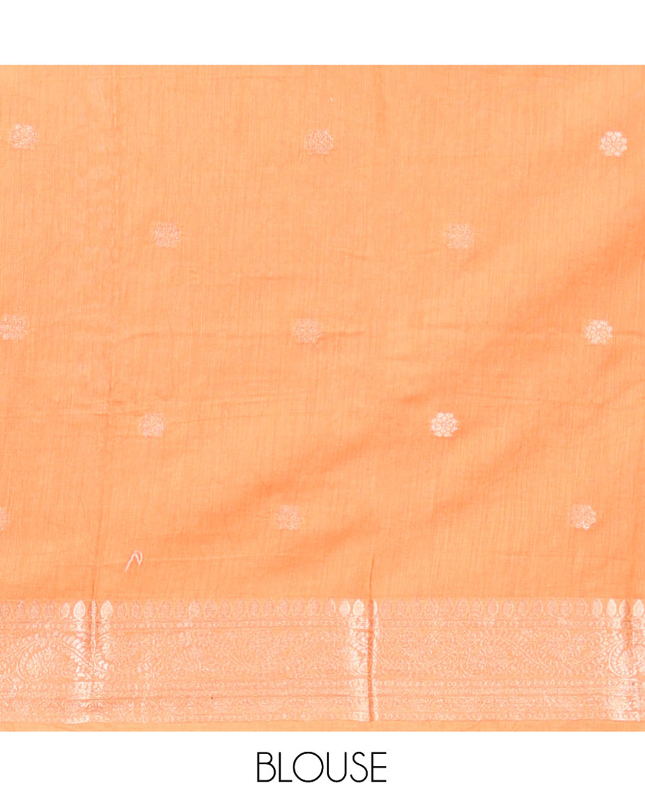 Orange Assam Silk Saree, Accentuated with Zari Buttas, Complemented by Contrast Traditional Zari Border, Striped Pallu, and Contrast Blouse