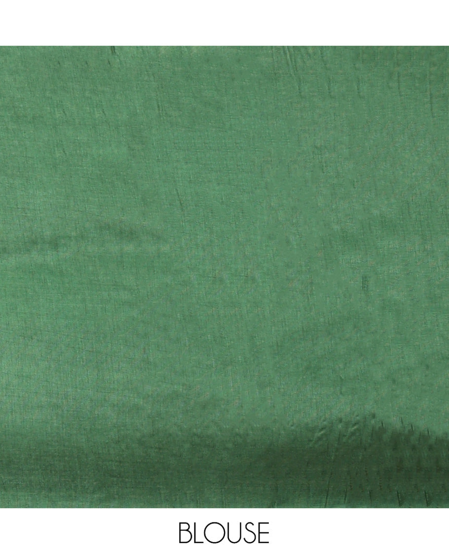 Mehendi Green HO Silk Saree, Elevated with Zari Buttas All Over Its Body, Highlighted by Temple Border of Diamond Patterns, Pallu Artfully Woven with Tree of Life Design, and Paired with a Matching Blouse