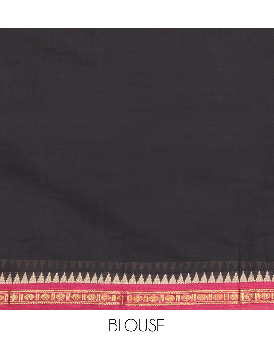 Black Cotton Half-Saree Features Plain Skirt, a Contrast Traditional Border, a Matching Blouse, and a Contrast Dhavani