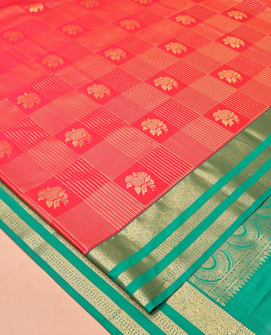 Rani Pink and Green Budget Silk Saree, Richly Detailed with Zari Butta Enclosed Checks On Its Body, Complemented by Contrast Traditional Zari Designs Woven Border, Grand Pallu and Paired with a Contrast Blouse
