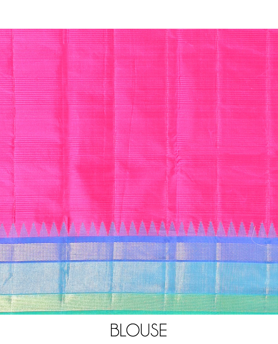 Green-Striped Bangalore Silk Saree, Complemented by a Contrast Temple Ganga-Jamuna Border, Pallu of Temple and Neli Designs, and a Contrast Blouse