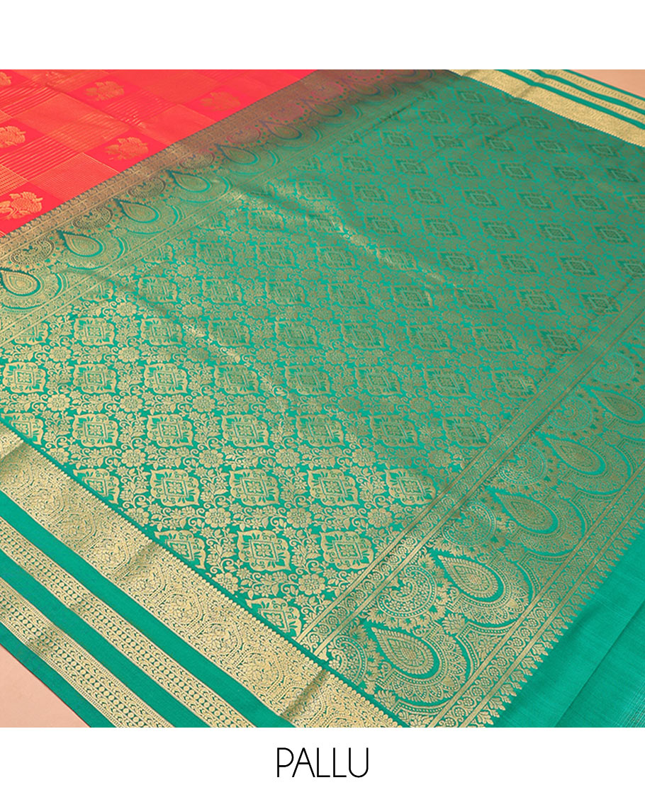 Rani Pink and Green Budget Silk Saree, Richly Detailed with Zari Butta Enclosed Checks On Its Body, Complemented by Contrast Traditional Zari Designs Woven Border, Grand Pallu and Paired with a Contrast Blouse