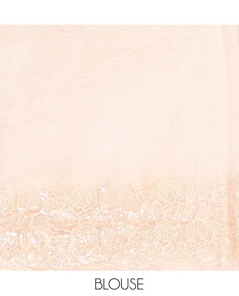 Light Sandal Plain Organza Saree, a Scallop Floral Sequins Embroidered Border, and a Matching Blouse