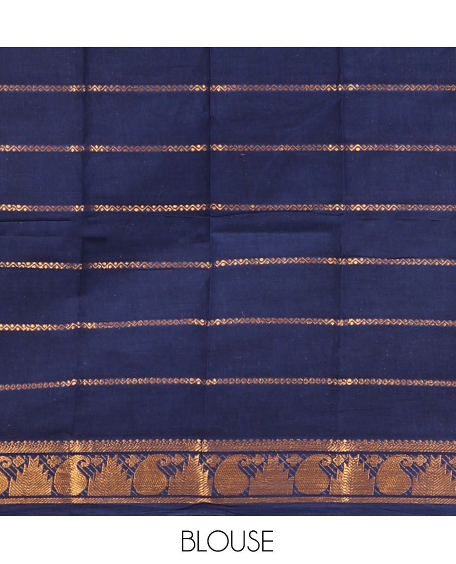 Blue Plain Sungudi Cotton Saree, Complemented by Contrast Rettai Pettu Rudraksham Border, Striped Pallu, and a Contrast Blouse