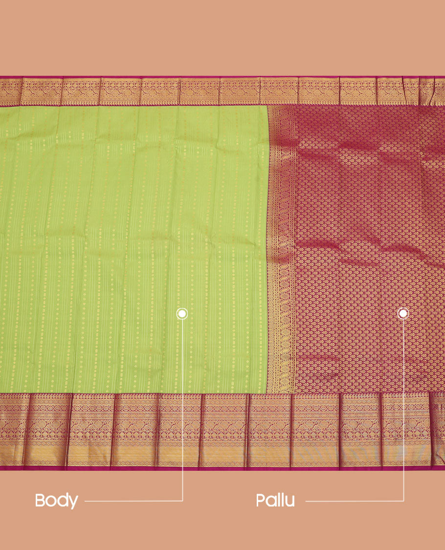 Parrot Green Budget Silk Saree, Detailed with Buttas and Stripes All Over Its Body, Complemented by a Contrast Traditional Zari Design Border, Intricately Designed Pallu, and Paired with a Contrast Blouse