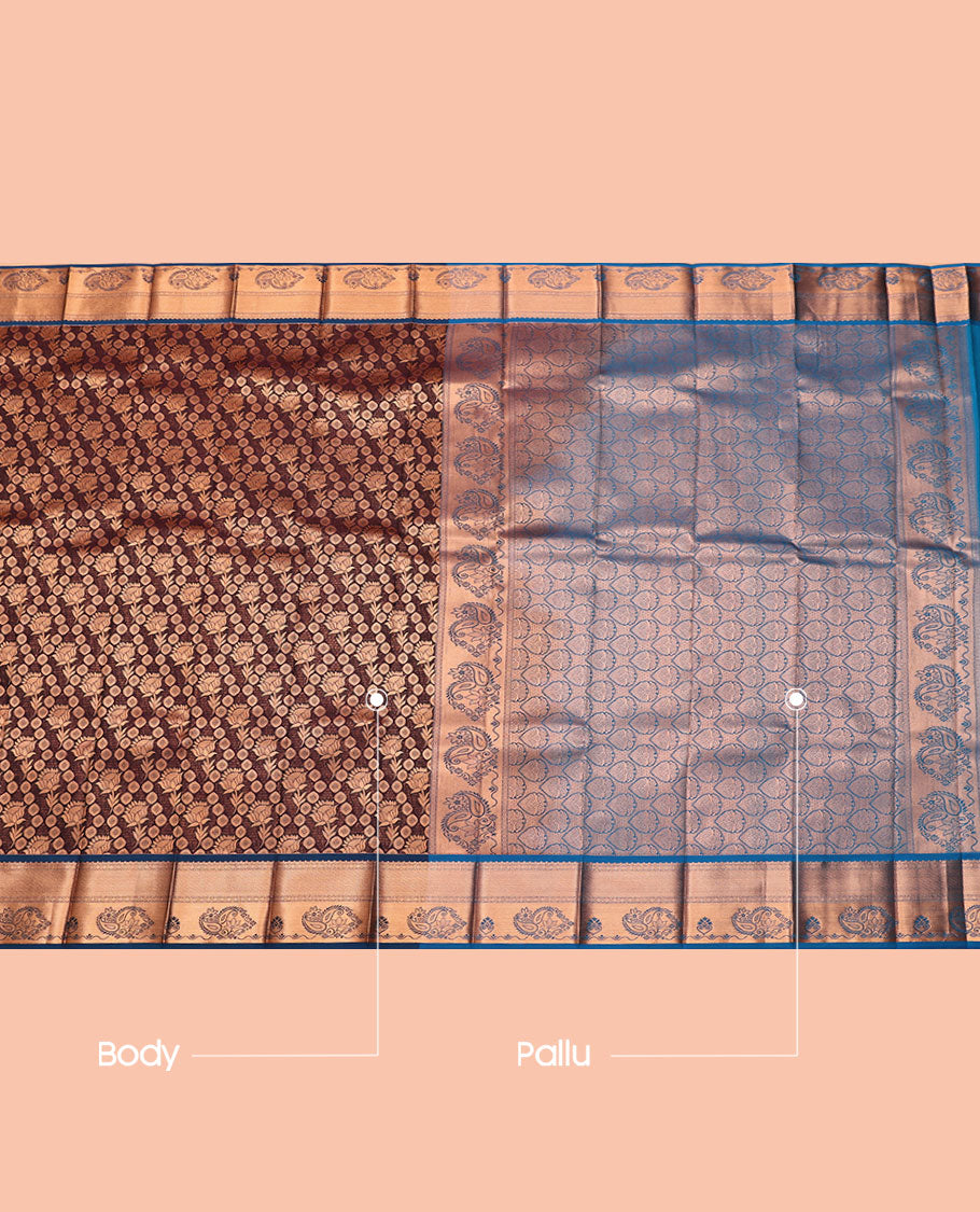 Brown Budget Silk Saree, Accentuated with Jacquard, Complemented by Contrast Traditional Zari Border, Intricate Pallu, and a Contrast Blouse