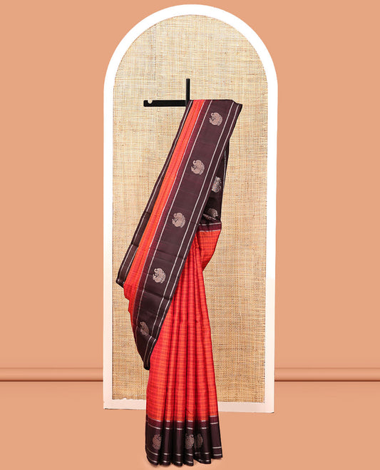 Red Kanchipuram Silk Saree, Elevated with Checks, Complemented By Contrast Zari Border of Mayil Design, Intricate Pallu, and a Contrast Blouse