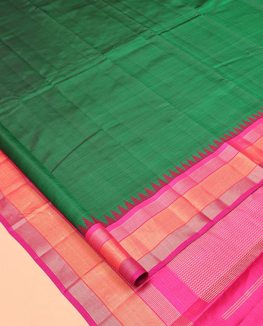 Green-Striped Bangalore Silk Saree, Complemented by a Contrast Temple Ganga-Jamuna Border, Pallu of Temple and Neli Designs, and a Contrast Blouse