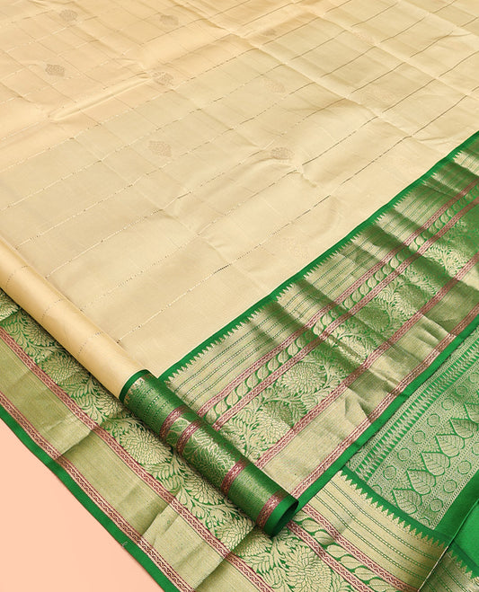 Sandal Kanchipuram Silk Saree, Sparsely Woven with Zari Buttas and Stripes, Contrast Border of Rekku, Muthu, Neli, and Kodi Visiry Designs, Pallu of Jaal Design, and a Contrast Blouse