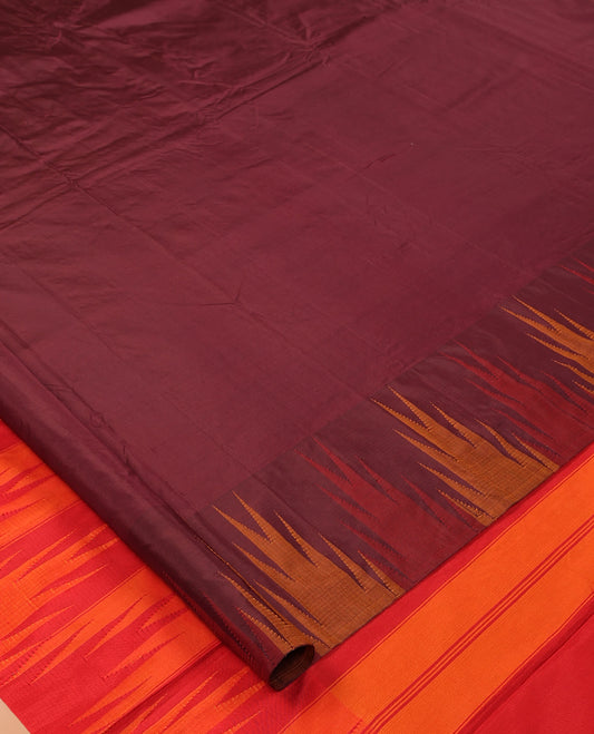 Maroon Plain Bangalore Silk Saree, Complemented by a Contrast Temple Border, Striped Pallu, and a Contrast Blouse