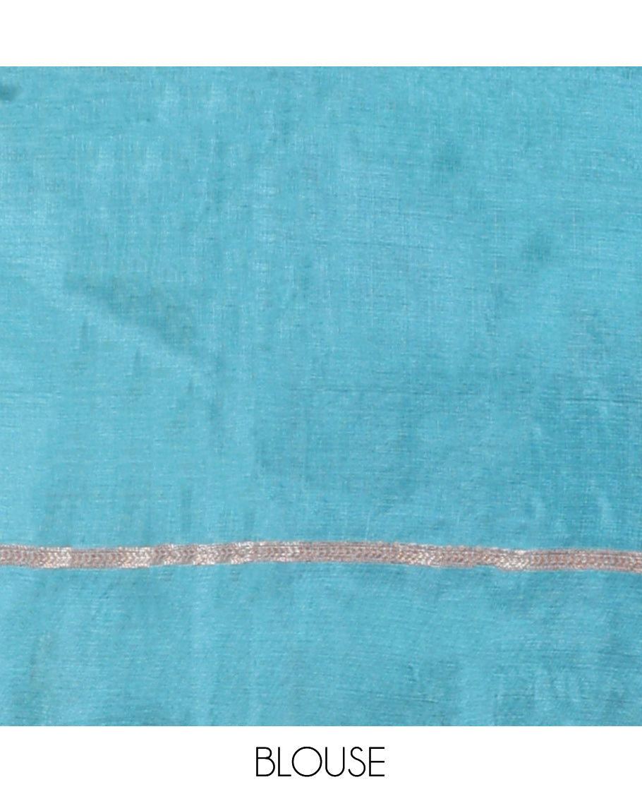 Blue Tussar Silk Saree, Decked Up with Zari Buttas, a Self-Border, Intricate Design Pallu, and a Matching Blouse