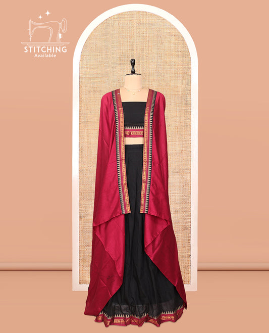 Black Cotton Half-Saree Features Plain Skirt, a Contrast Traditional Border, a Matching Blouse, and a Contrast Dhavani