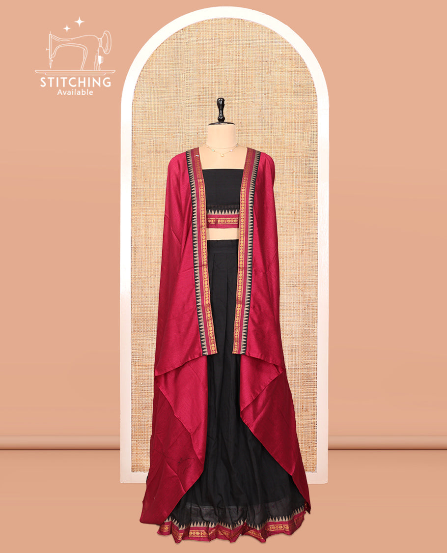 Black Cotton Half-Saree Features Plain Skirt, a Contrast Traditional Border, a Matching Blouse, and a Contrast Dhavani
