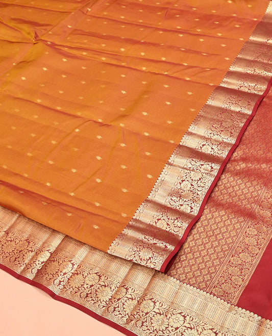 Orange Vasundhara Lite Silk Mix Saree, Richly Detailed with Zari Buttas All Over Its Body, Complemented by Contrast Border of Kodi Visiry Designs, Grand Jaal Pallu and Paired with a Contrast Blouse
