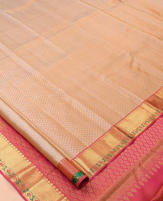 Sandal Embossed Parampara Silk Saree, a Contrast Border of Thilakam Mokku, Vanki, and Kodi Visiry Designs, Grand Pallu, and a Contrast Blouse