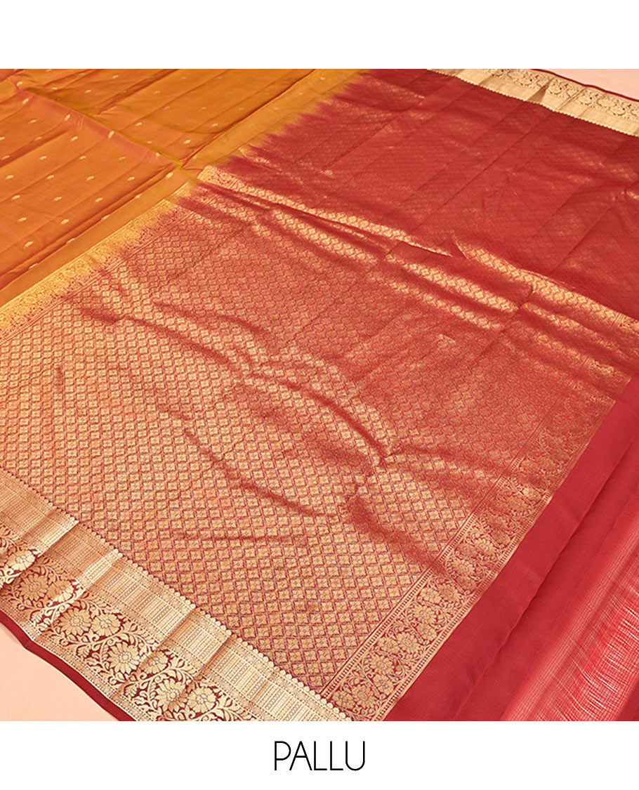 Orange Vasundhara Lite Silk Mix Saree, Richly Detailed with Zari Buttas All Over Its Body, Complemented by Contrast Border of Kodi Visiry Designs, Grand Jaal Pallu and Paired with a Contrast Blouse