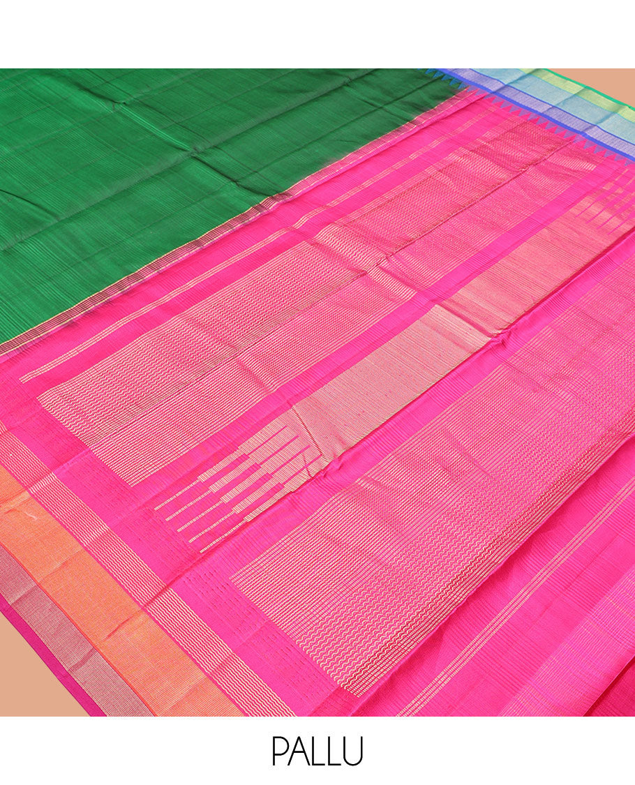 Green-Striped Bangalore Silk Saree, Complemented by a Contrast Temple Ganga-Jamuna Border, Pallu of Temple and Neli Designs, and a Contrast Blouse