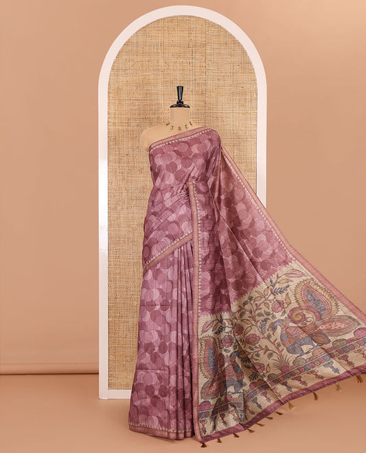 Onion pink circle abstract printed fancy tussar saree, tissue border, pallu of kalamkari peacock print, and kalamkari floral printed blouse