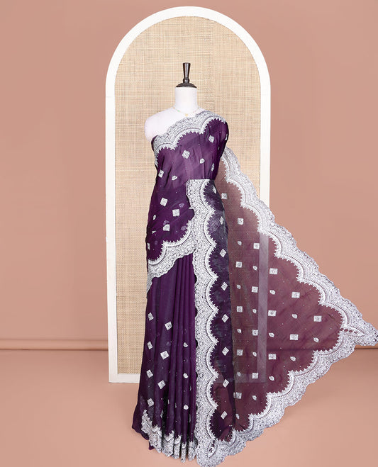Purple Designer Saree, Prettified with Detailed Embroidered Buttas on Its Body, Highlighted by a Scallop Embroidered Border, Self-Design Pallu, and Paired with a Matching Blouse