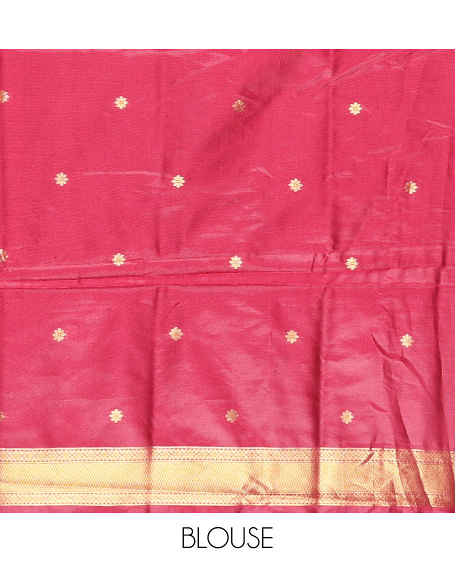 Gleaming Green Plain Khadi Tissue Silk Saree Featuring a Contrast Tissue Temple Border, Grand Pallu of Zari Jaal Design, and Paired with a Contrast Blouse of Zari Buttas