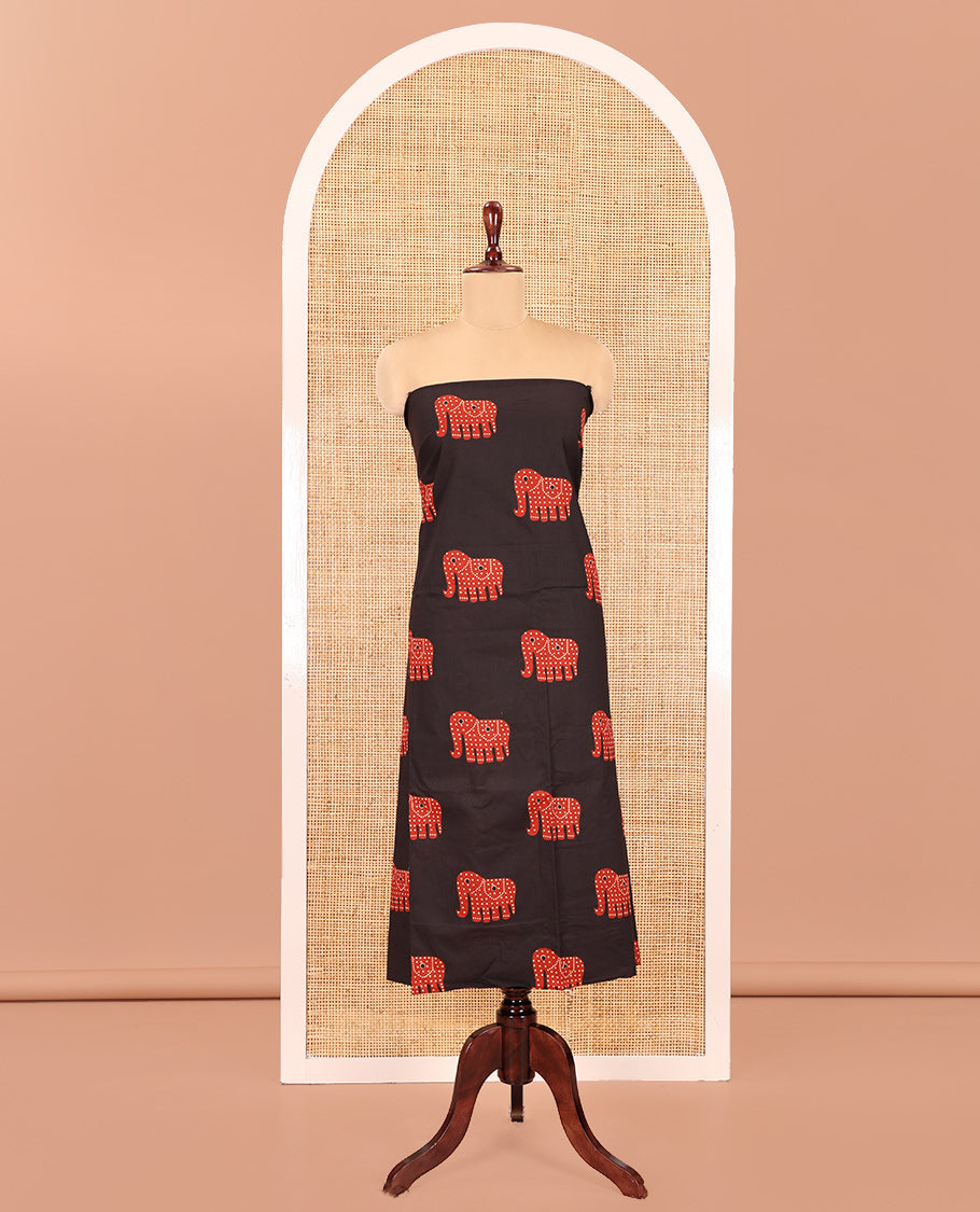 Black-Rust Jaipur Cotton Material Chudidar Set, Elephant Motifs Printed Top, Contrast Bottom, and Plain Dupatta