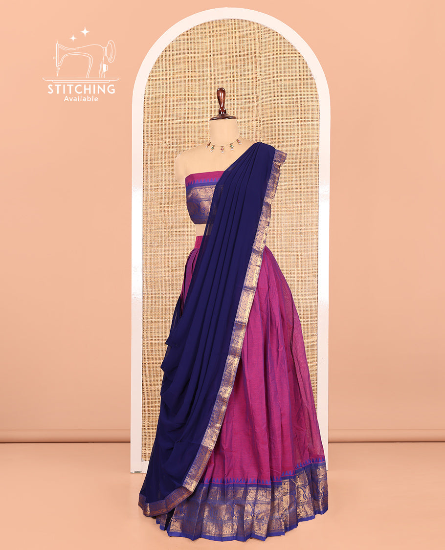 Magenta-Royal Blue Chettinad Cotton Half-Saree, Plain Contrast Traditional Zari-Bordered Skirt, Matching Blouse, and a Contrast Dhavani