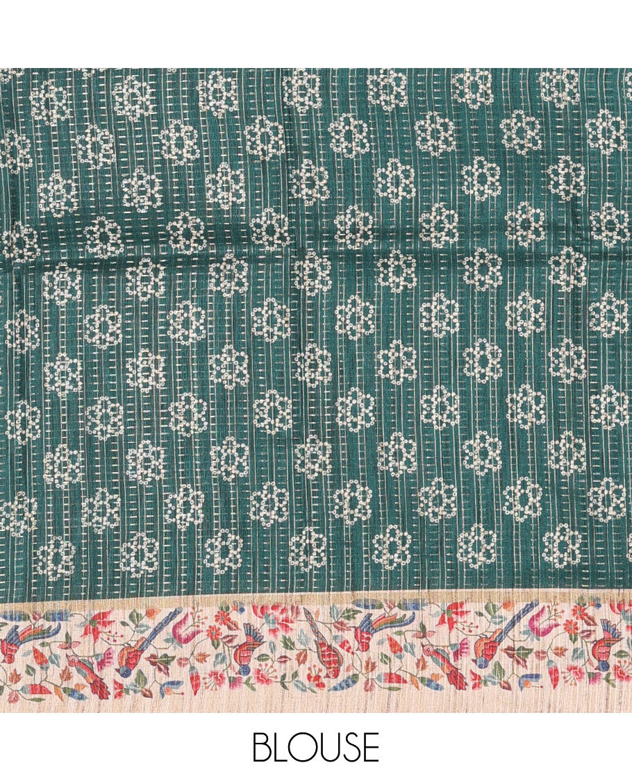 Green zari buttas and bandhani dotted fancy tussar saree, contrast floral and bird printed border, striped pallu, and a matching blouse