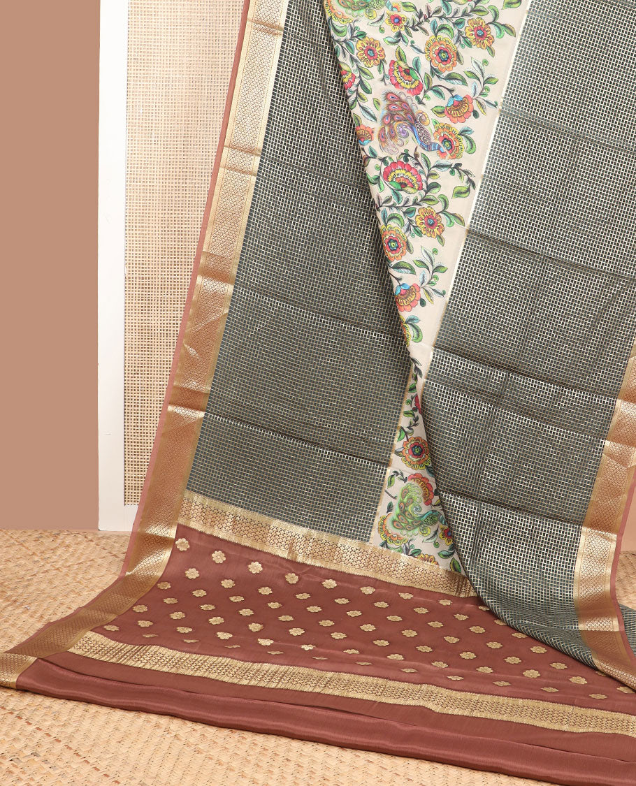 Multi color floral vine , checked mysore silk saree with contras checked border & floral motifs pallu
