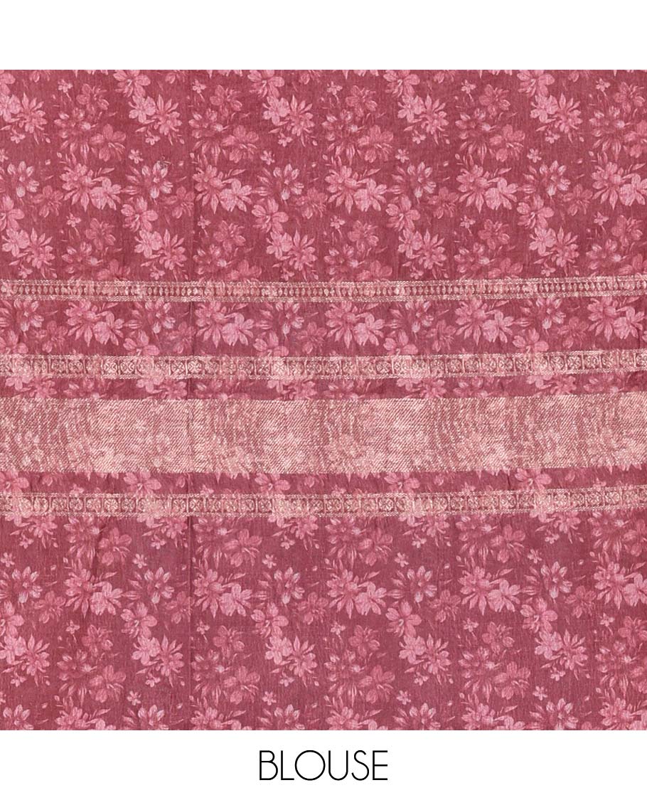 Maroon animal motifs printed Moss crush saree, piping border, animal motifs printed pallu, and contrast printed blouse