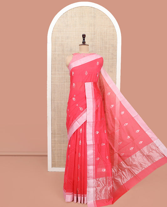 Red Chanderi Cotton Saree, Embellished with Floral Zari Buttas All Over Its Body, Highlighted by a Bavanji Border, Pallu Steeped with Zari Stripes, and Paired with a Matching Blouse