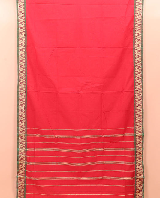 Red Plain Nine-Yard Cotton Saree, Complemented by a Contrast Temple Border of Diamond Designs, Striped Pallu, and Comes Without a Blouse