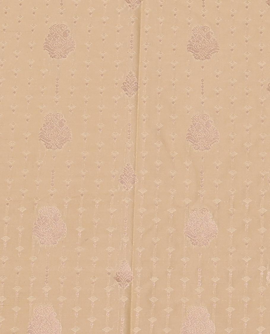 Sandal Art Silk Pavadai Material Set, Elevated with Embossed-effect and Zari Buttas Skirt, Complemented by a Contrast Traditional Zari Design Border, and Paired with a Contrast Blouse