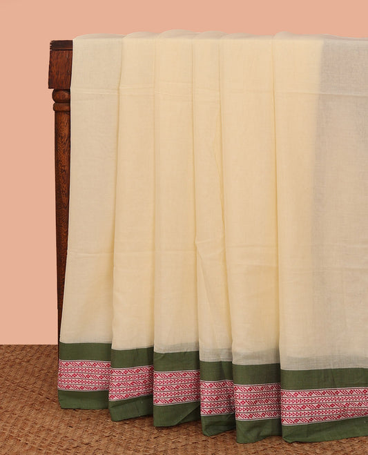 Cream Plain Khadi Cotton Saree, Complemented by a Contrast Traditional Motifs Thread Woven Border, Pallu Features Stripes, and Comes Without a Blouse