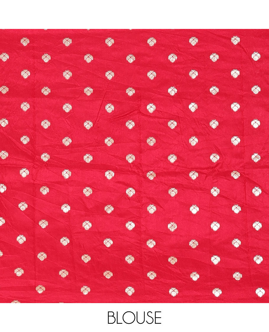 Half-White Dola Silk Saree Adorned with Vertical Golden Stripes Running All Over Its Body, Complemented by a Contrast Traditional Zari Design Woven Border, Subtly Striped Pallu, and a Contrast Buttas Woven Blouse