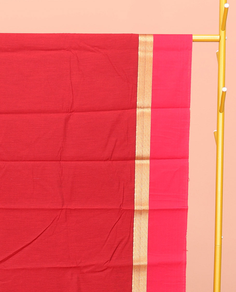 Red Semi-Silk Cotton Saree, Graced with Peacock Buttas All Over Its Body, Complemented by a Contrast Border  of Peacock Designs, Pallu Steeped with Peacock Zari Design, and Paired with a Contrast Blouse