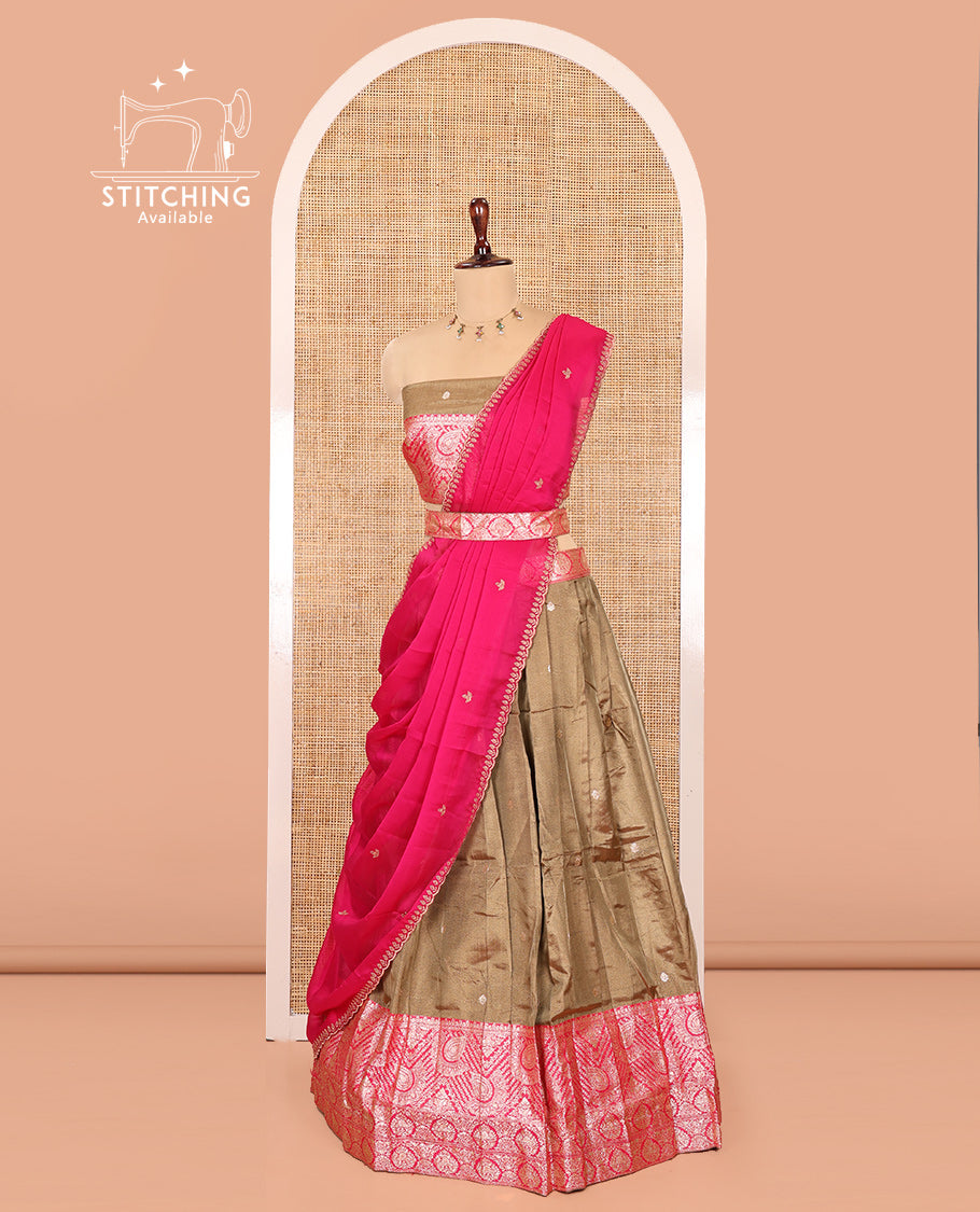 Gold-Rani Pink Banarasi Silk Half-Saree Features Buttas Skirt, Contrast Intricate Border, Matching Blouse, and Embroidery Syska Georgette Dhavani