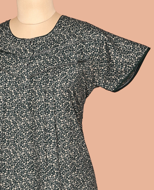Green Floral Cotton-Blended Nighty