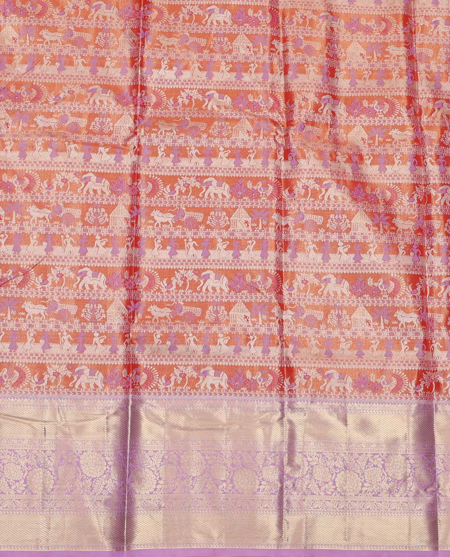 Orange Art Silk Material Half Saree Set, Decked Up with Jacquard Design Skirt, a Contrast Traditional Zari Border of Floral Creeper Designs, Contrast Zari-Jacquard Blouse, and a Dhavani of paisley Designs