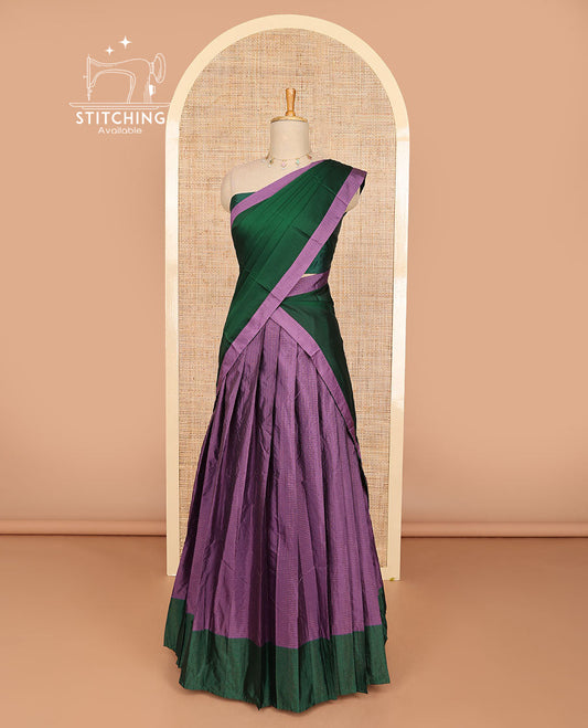 Purple checked cotton half saree with contrast border, plain blouse & plain dhavani