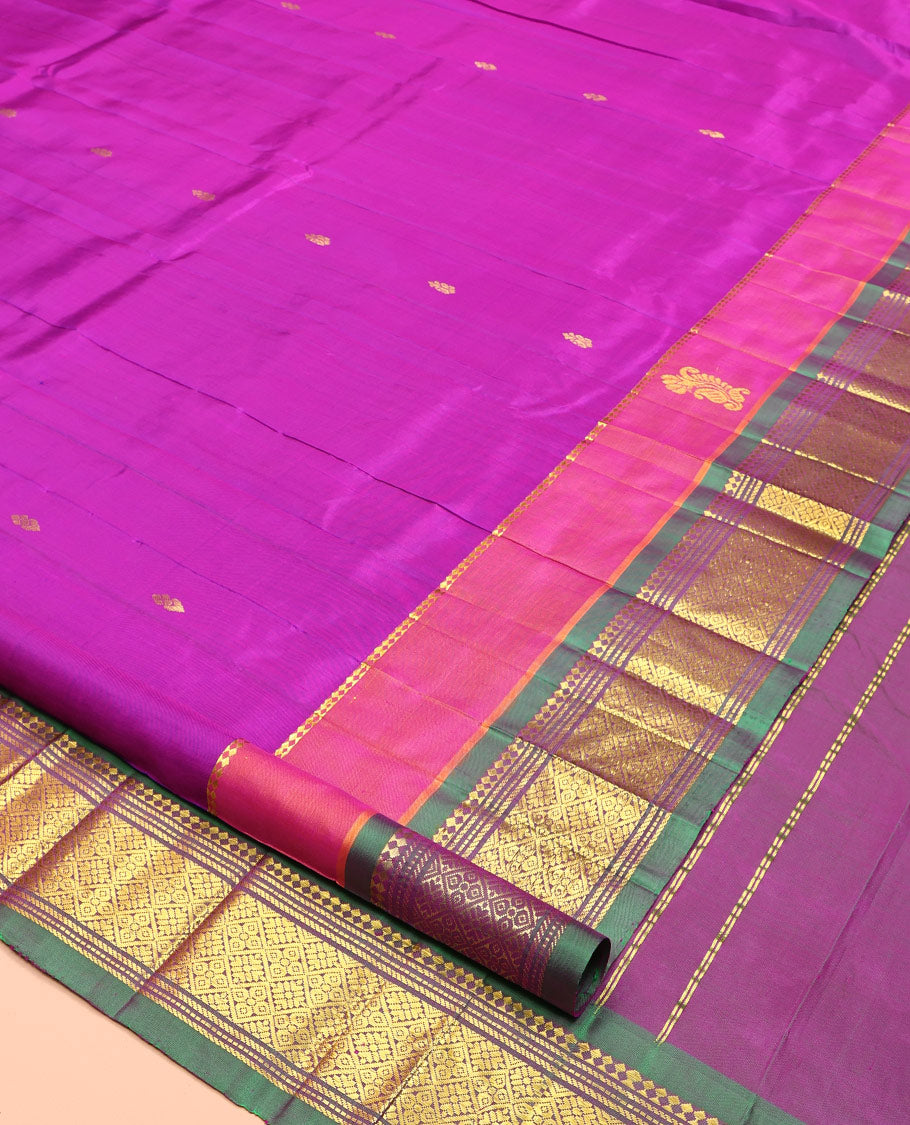 Pink Kanchipuram Silk Saree, Decorated with Zari Buttas, Complemented by a Contrast Zari One-Sided Border of Panner Sombu, Banaras, Muthu, and Jaal Designs, Zari Design Pallu, and No Blouse