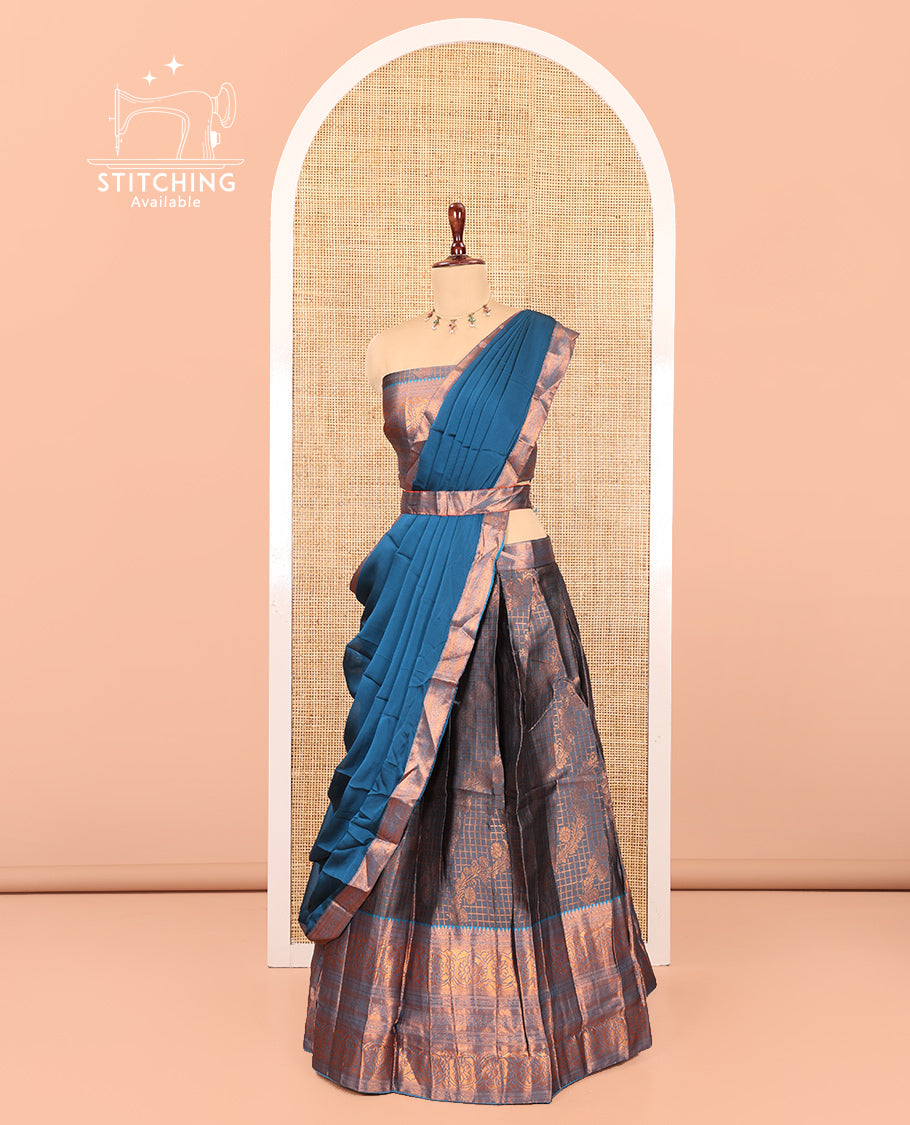 Grey-Firozi Blue Semi-Banarasi Half-Saree Features Jacquard Skirt, Contrast Traditional Border, Matching Blouse, and Syska Georgette Dhavani