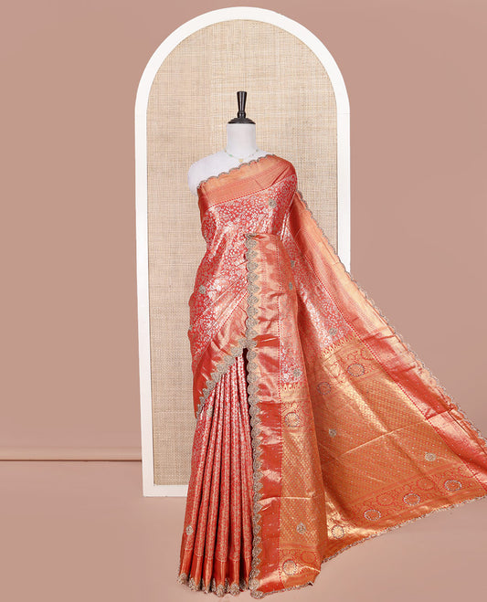 Red Vastrakala Silk Saree, Artfully Detailed with Floral Jacquard and Patch Stone Work, Highlighted by Traditional Zari and Stone Scallop Border, Grand Scallop Design Stone Work Pallu, and Paired with Heavy Embroidered Blouse