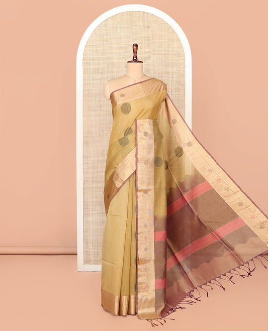 Sandal Silk Cotton Saree, Highlighted by Round Buttas All Over Its Body, Complemented by Contrast Border, Sparsely Woven Pallu, and Paired with a Contrast Blouse